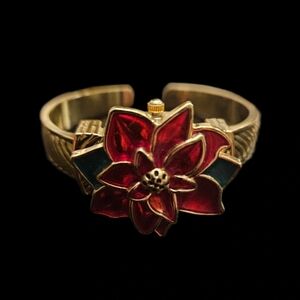 Festive Christmas Red Poinsettia Gold Bangle Bracelet Flip Watch.